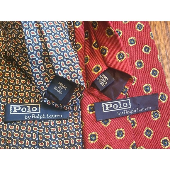 Lot of 4 Vtg Polo Ralph Lauren Silk Tie Hand Made USA Yellow Red Dark Blue Navy - Picture 4 of 16
